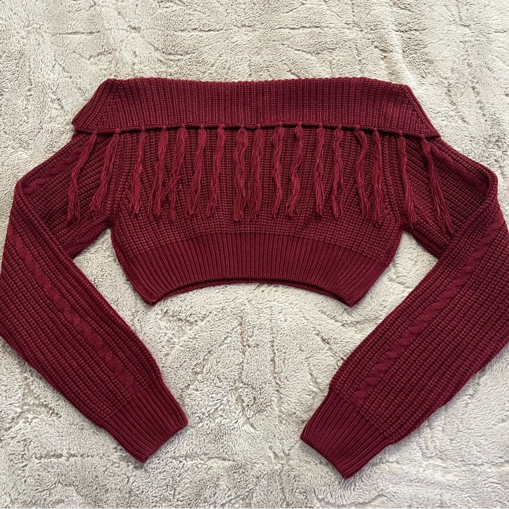 Hera Collection Burgundy Off-the-Shoulder, Cropped Sweater with Ribbed Knit